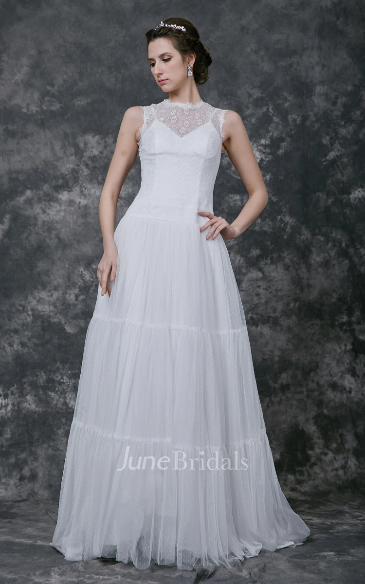 Enchanting Sleeveless High Neck Illusion Back Tulle Gown