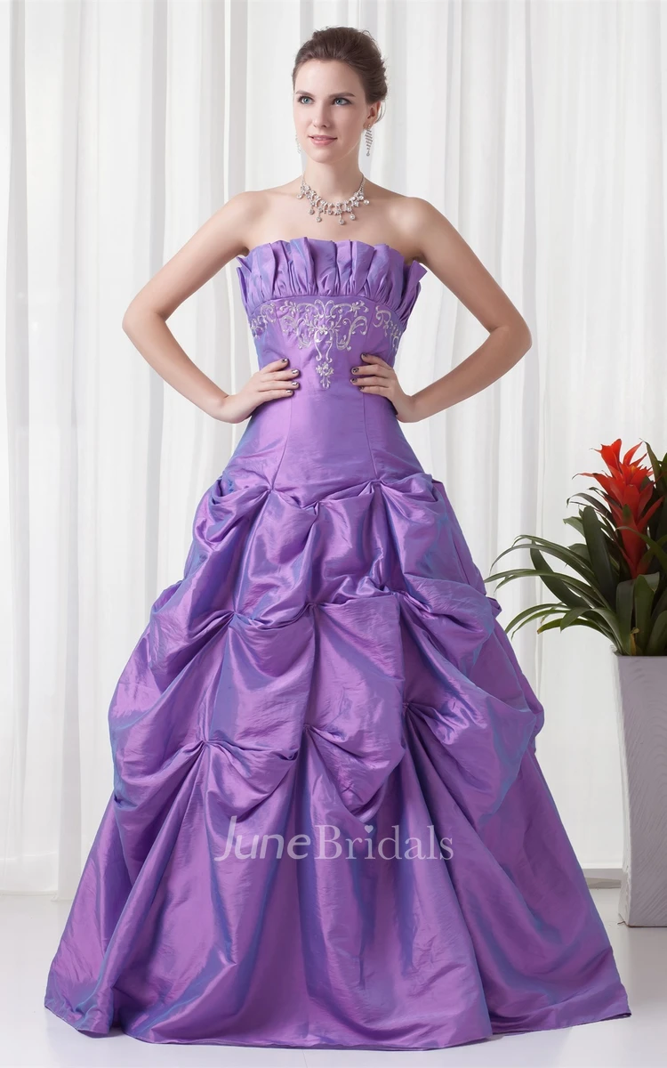 Strapless Pick-Up Ball Gown with Embroideries and Buckle