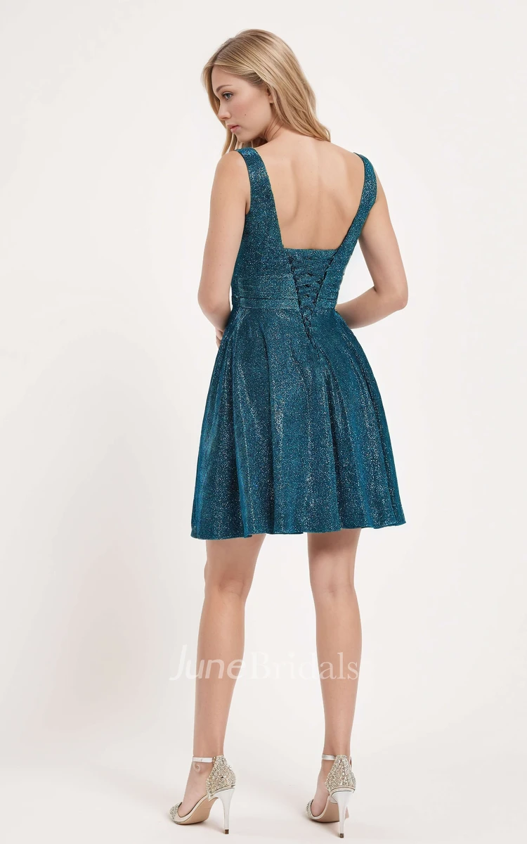 Formal Sparkly Glitter Short A-Line Ink Blue Homecoming Dress Pretty Cute Sleeveless V-Neck Corset Back Mini Prom Dress