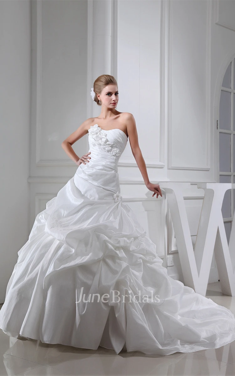 Strapless Pick-Up Ball Gown with Ruching and Floral Embellishment