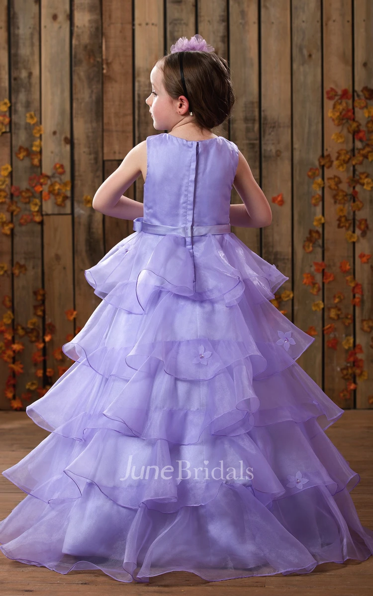 High-Neck Strapless Tiered Flower Girl Dress With Bow