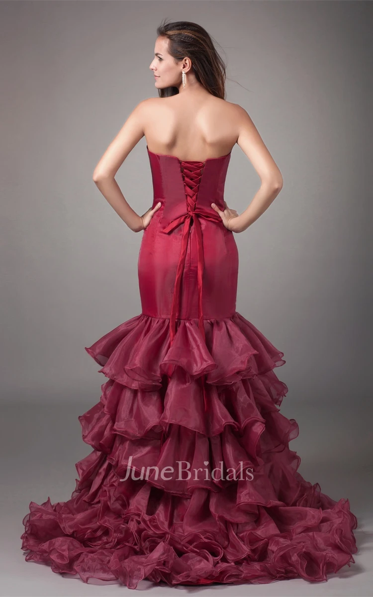 Strapless Mermaid High-Low Gown with Ruffles and Sweep Train