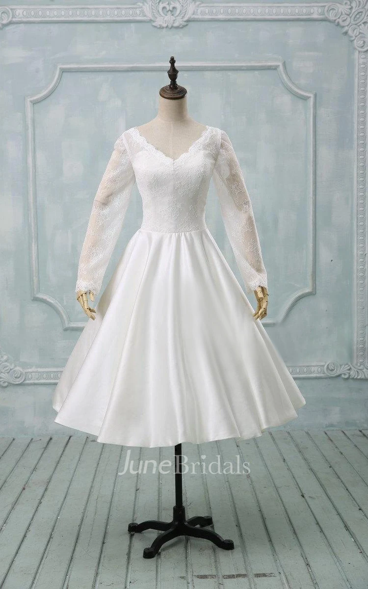 V-Neck Illusion Sleeve Button Back Tea-Length Satin Wedding Dress