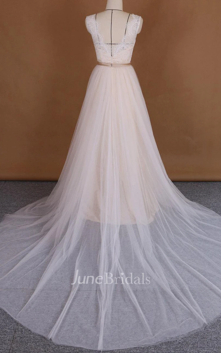 V-Neck Tulle Lace Satin Weddig Dress With Appliques