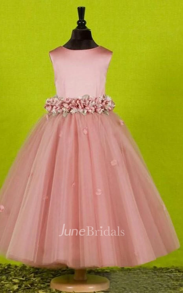 A-line Princess Scoop Sleeveless Bowknot Floor-length Tulle Flower Girl Dresses