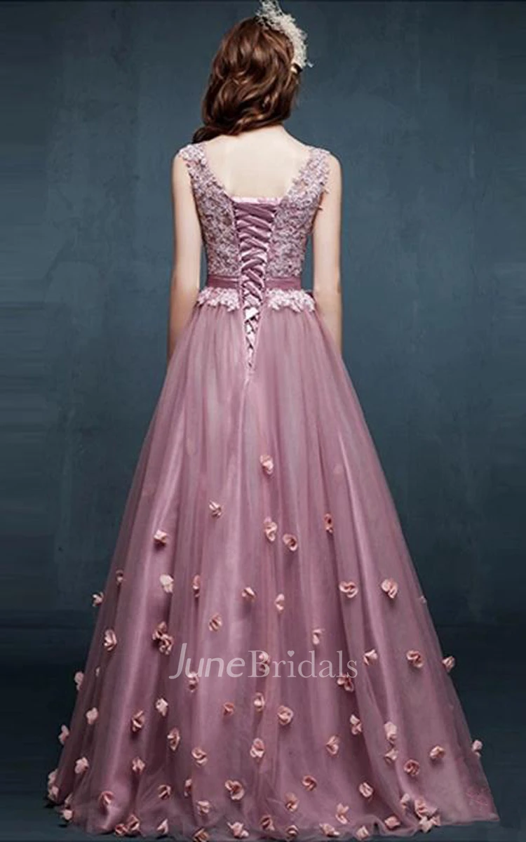 A-line Sleeveless V-neck Long Dress with Lace and Flowers