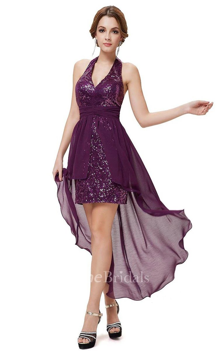 Halter Sequined Short Dress With Chiffon Overlay