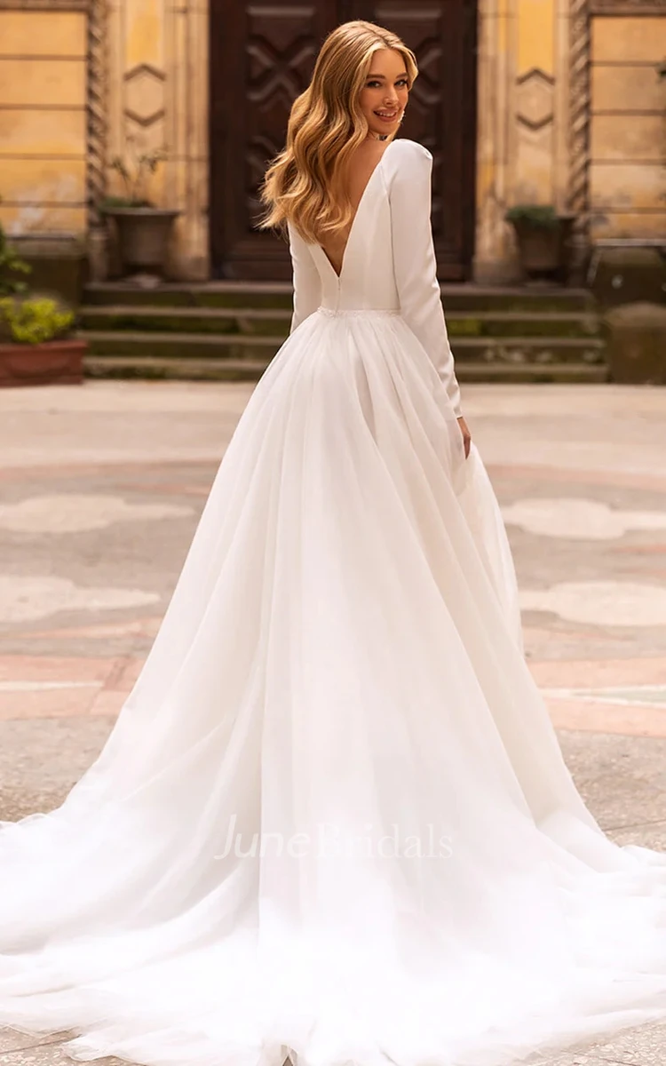 Elegant Ball gown V-neck Satin Chapel Train Wedding Dress with Ruching