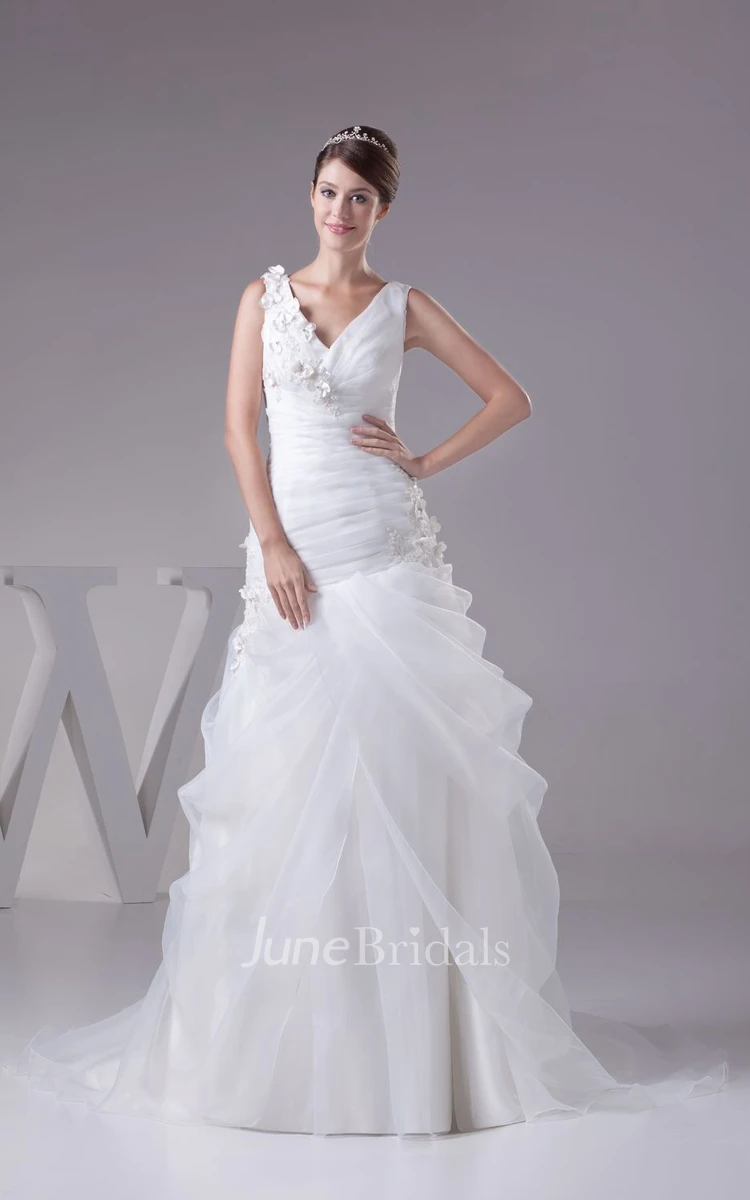 Plunged Sleeveless Ruched A-Line Dress With Flower and Draping