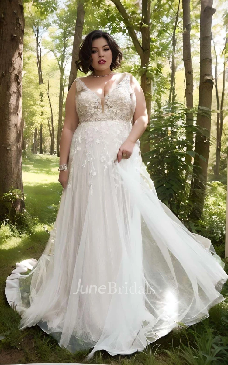 Plus Size A-Line Lace Tulle Sleeveless Wedding Dress 2024 Sexy Bohemian Elegant Country Garden Floor-length Sweep Train
