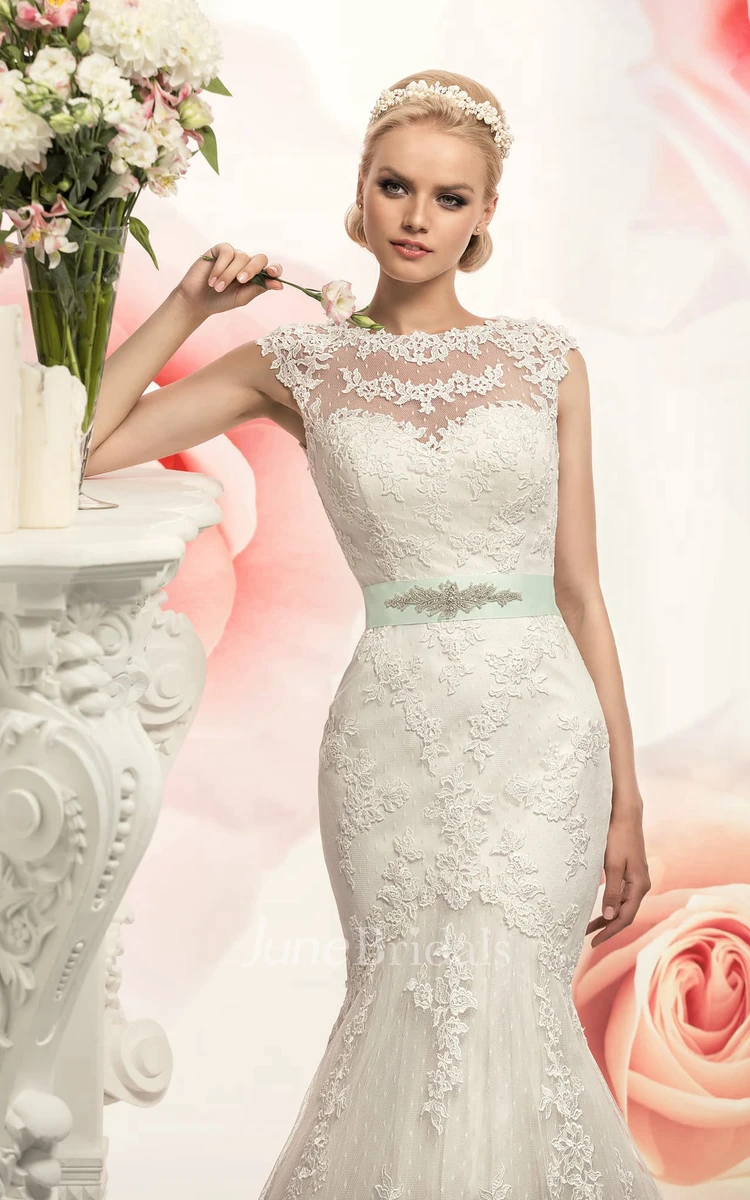 Trumpet Floor-Length Jewel Cap-Sleeve Illusion Lace Dress With Appliques And Waist Jewellery