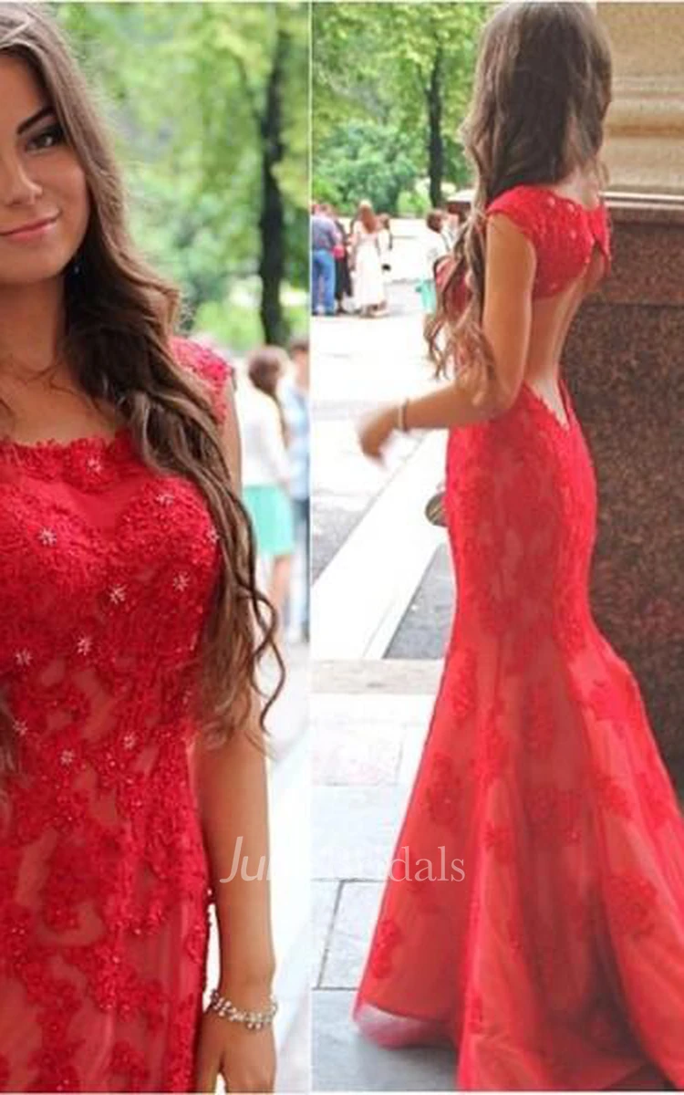 Sexy Red Lace Appliques Mermaid Evening Dress Sweep Train Jewel