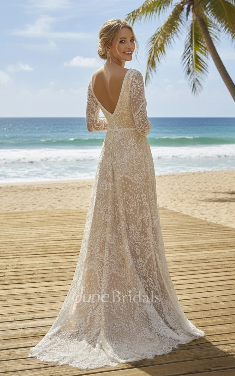 Bohemian Lace Beach Long Sleeve Wedding Dress Elegant A-Line Deep V Neckline Bridal Gown