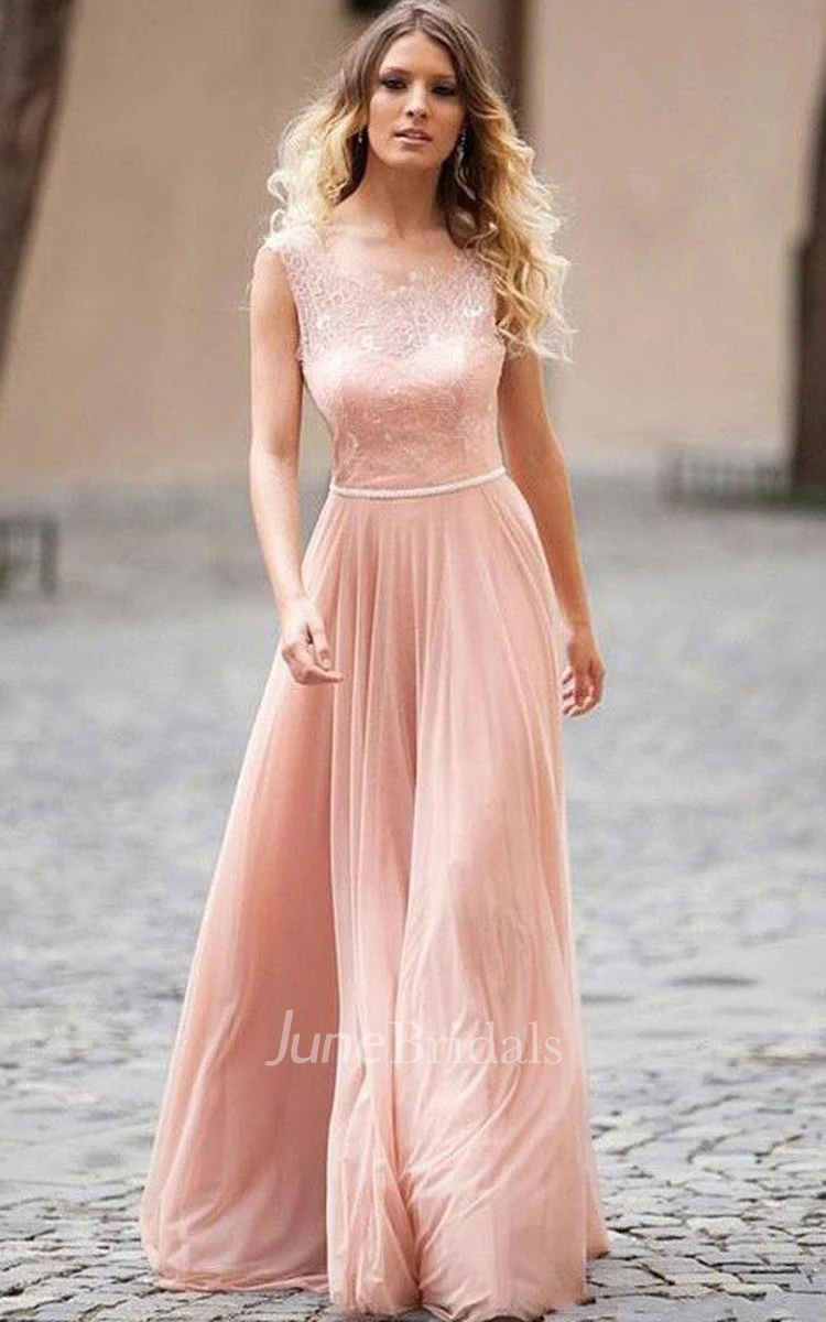 Modest A Line Chiffon Scoop Straps Sleeveless Formal Dress with Lace