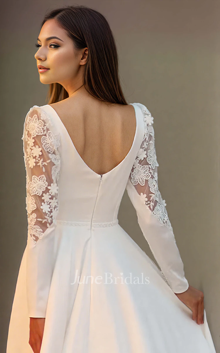 Elegant Solid Appliques A-Line V-neck Satin Wedding Dress Ethereal Sexy Flowers Long Sleeve Floor-length with Train Zipper V Back Bridal Gown