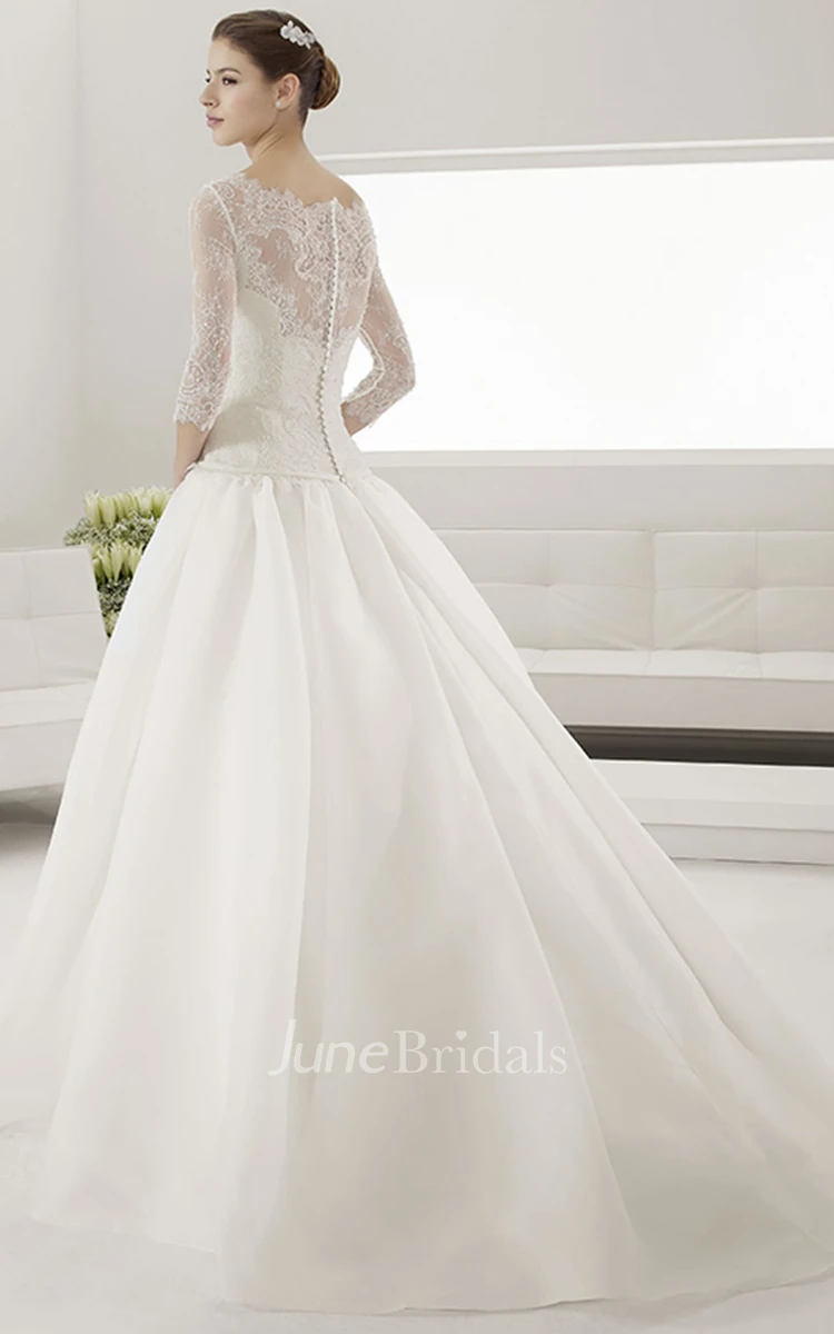 Illusion Bateau Drop Waist Ball Gown With Sash And 3-4 Sleeves