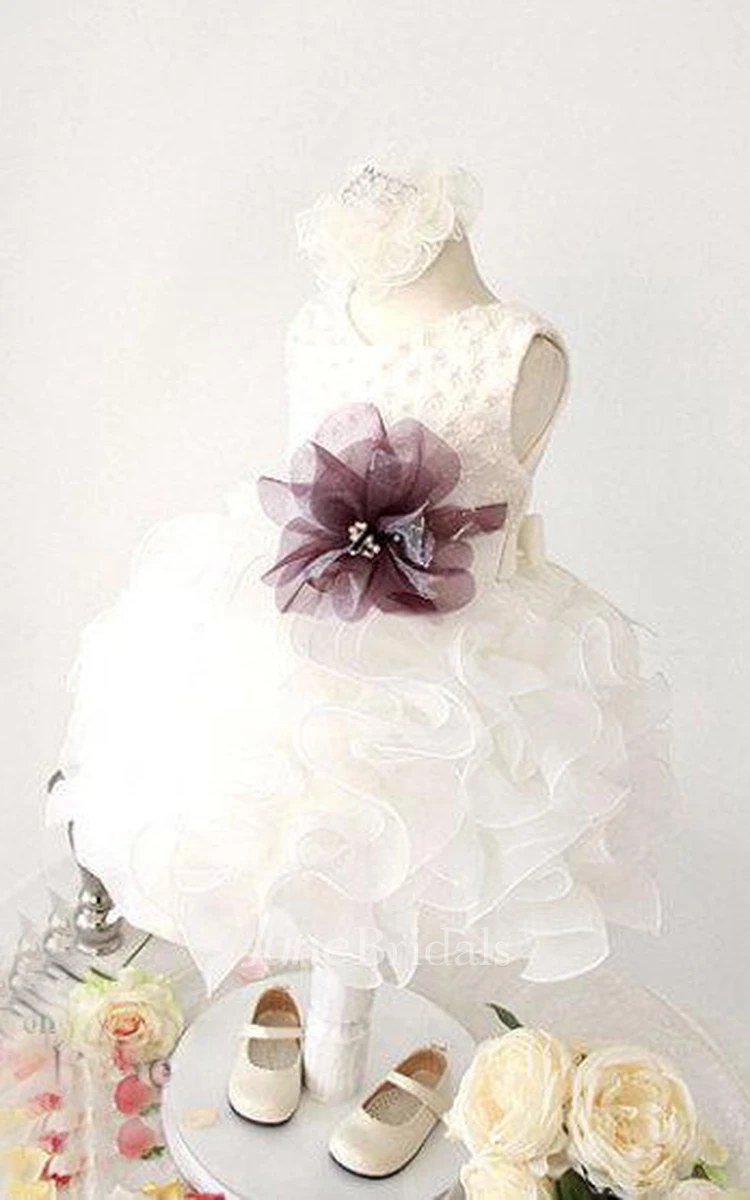 Lovely Sleeveless Ruffled Organza Dress With Flower Belt