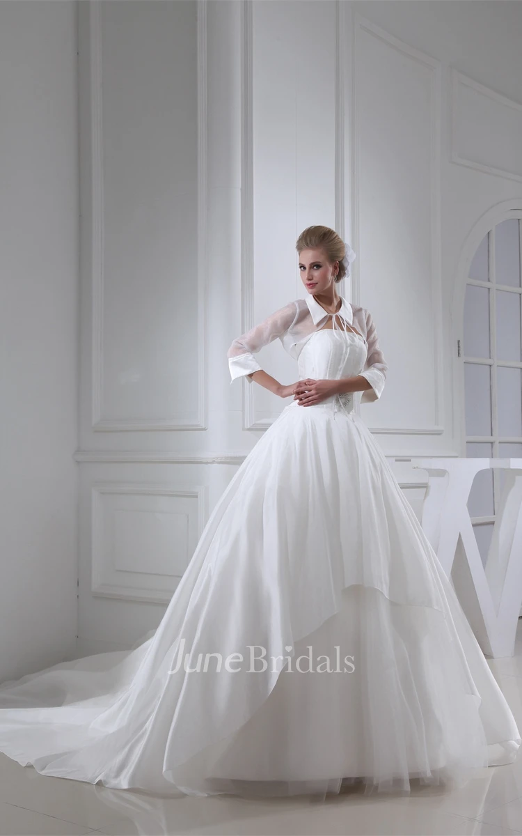 Ruched A-Line Collared Ball Gown with Broach and Illusion Sleeve