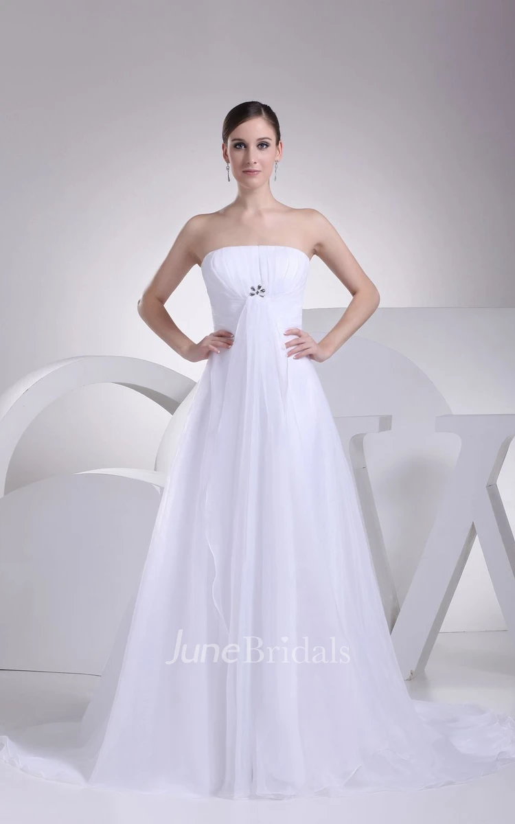 Intricate Strapless Tulle A-Line Dress With Ruching and Broach