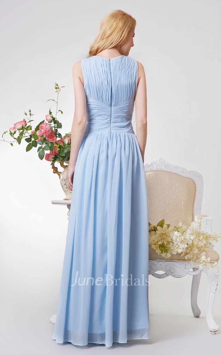 Sleeveless A-line Long Chiffon Dress With Pleats