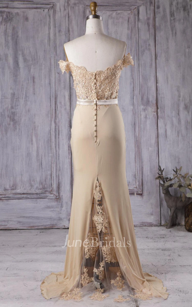 Floor-length Off-the-shoulder V-neck Chiffon&Lace Dress With Beading