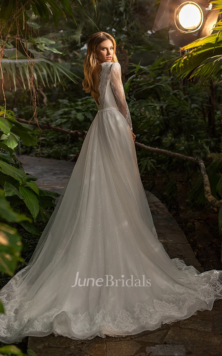 Simple A Line Lace Tulle Wedding Dress With V-neck And Sequins