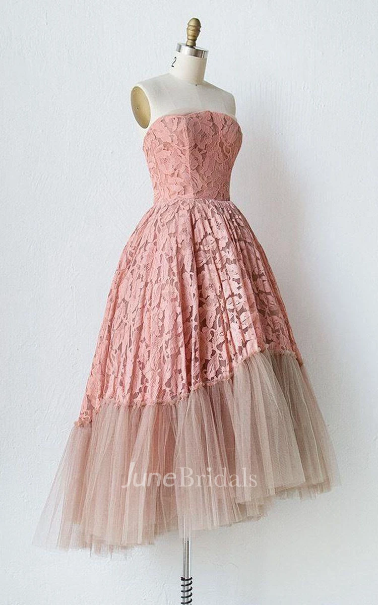 Strapless A-line Knee-Length Lace Tulle Dress