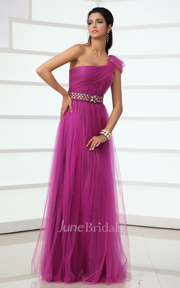 Unique A-Line Tulle Asymmetrical One-Shoulder Gown With Crystal Sash