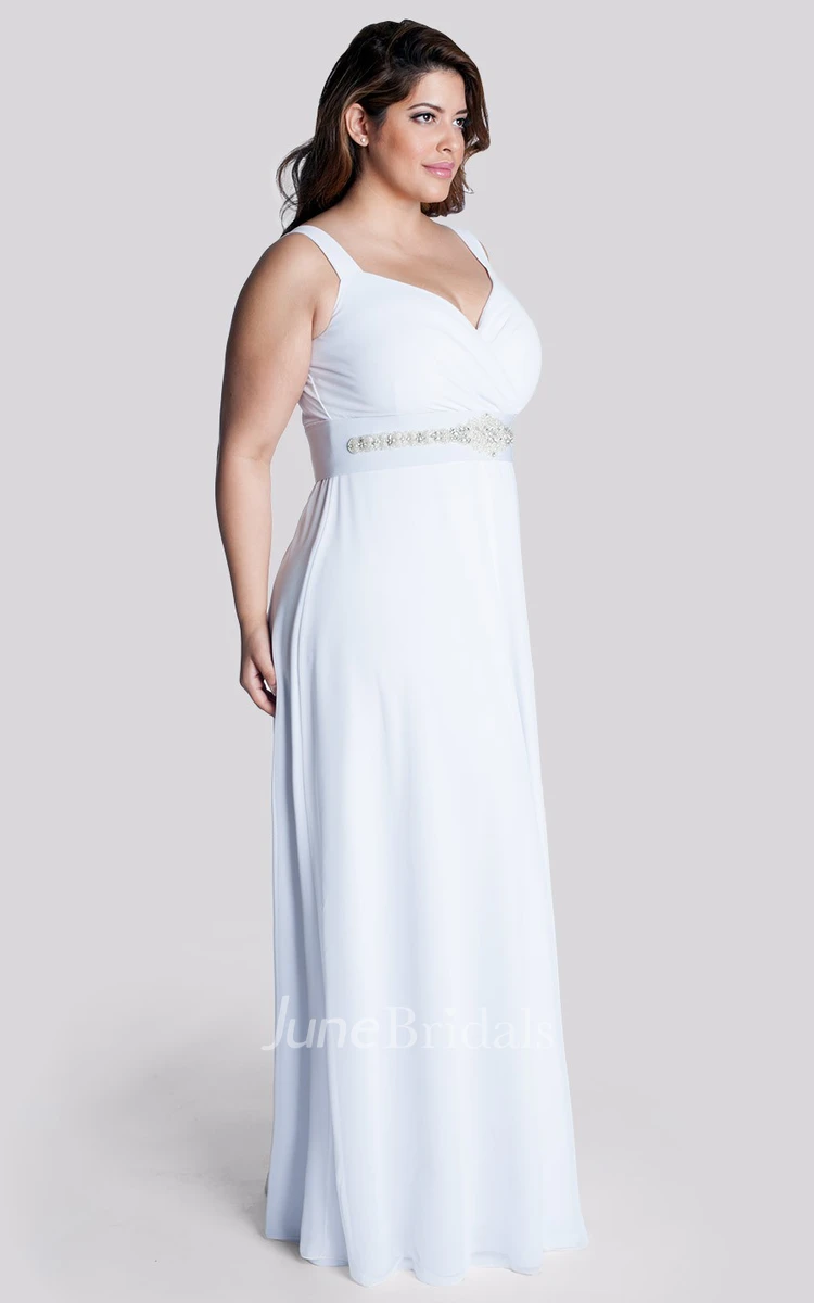 Modest Plus Size Sheath Maxi Wedding Dress Simple Casual Beading Ruched Dress with Waist Jewelry