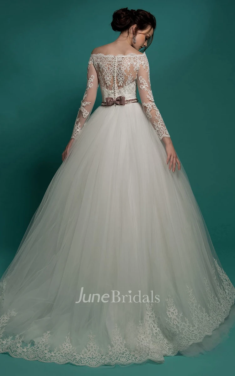 A-Line Maxi Off-The-Shoulder Illusion-Sleeve Zipper Tulle Dress With Lace Appliques And Appliques