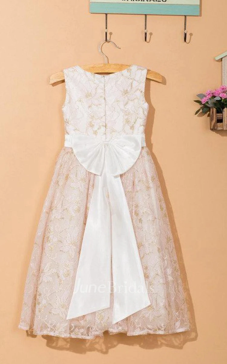 Sleeveless Jewel Neck Lace Dress With Bow&Flower