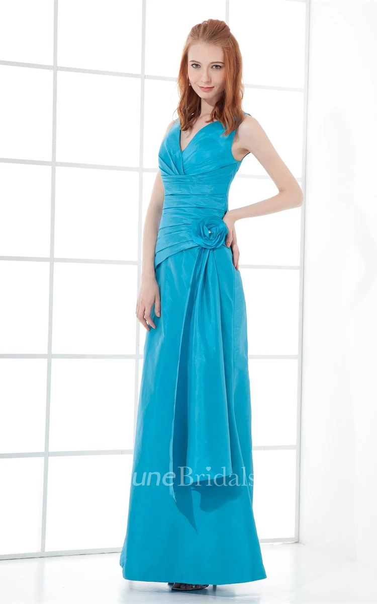 v-neck chiffon ankle-length sleeveless dress with flower and ruching