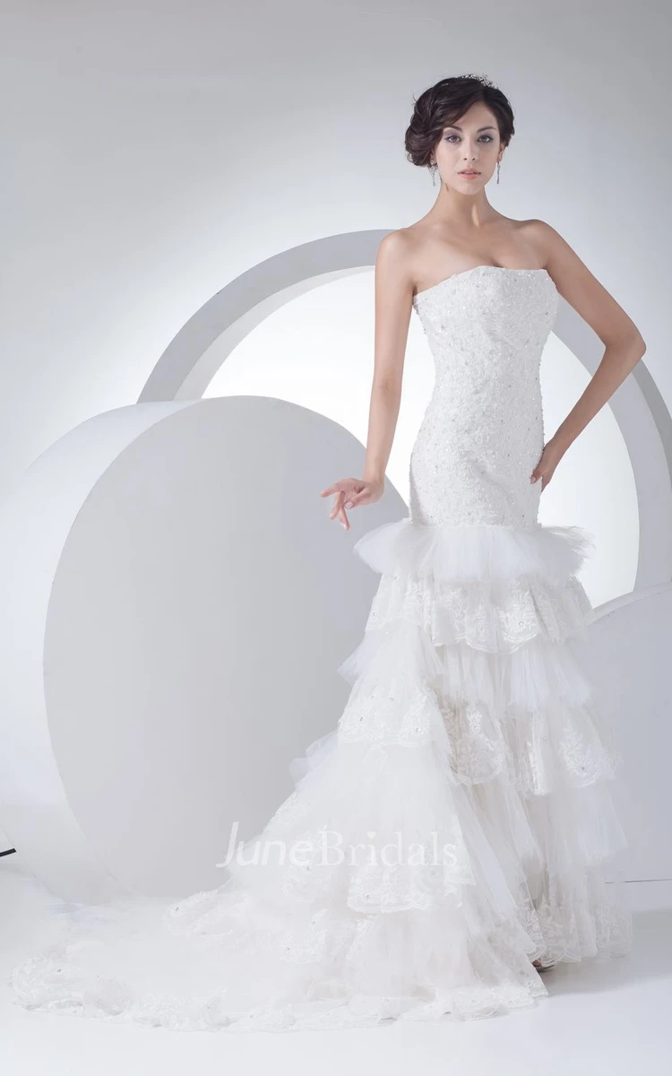 Intricate Strapless Column Dress With Tiers and Beaded Bodice