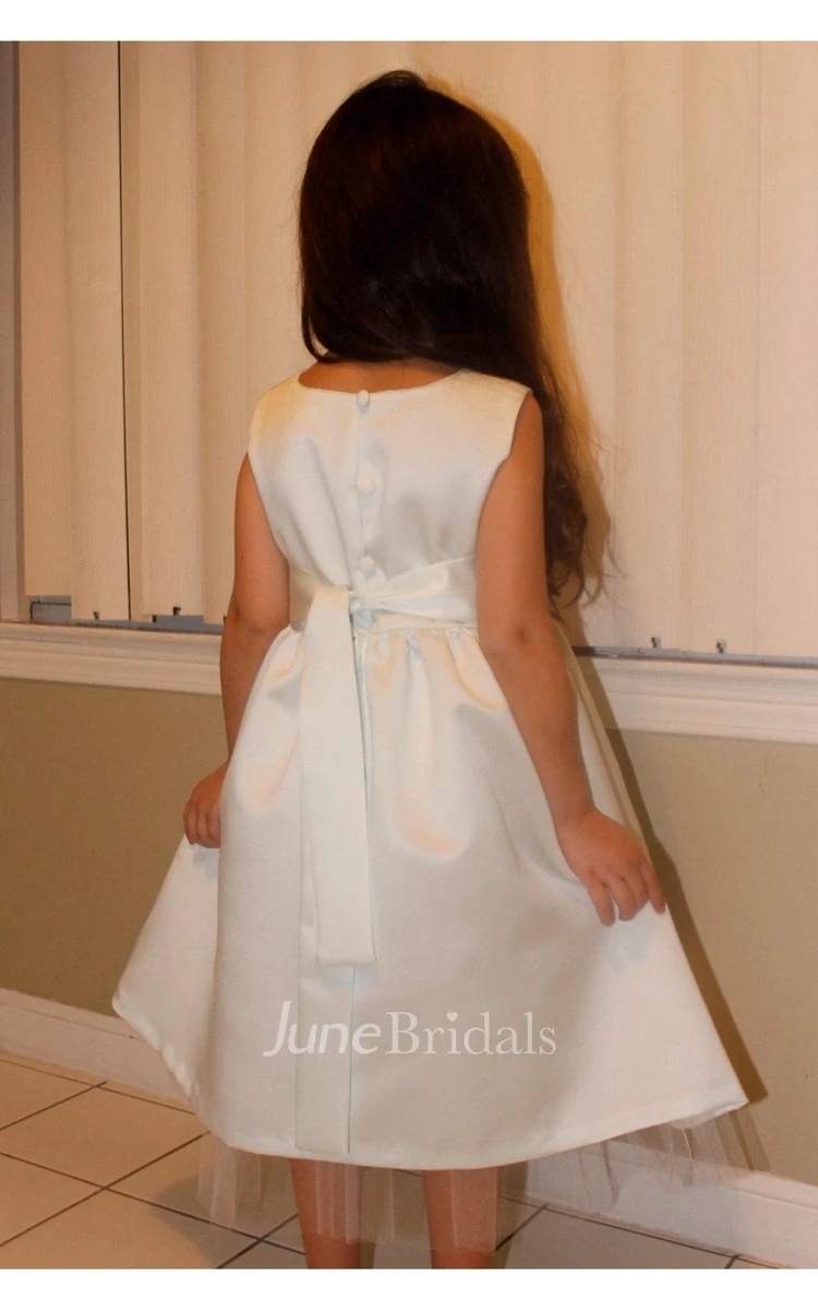 Sleeveless Jewel Neck Pleated Ankle-length Satin Dress With Handmade Flower Belt