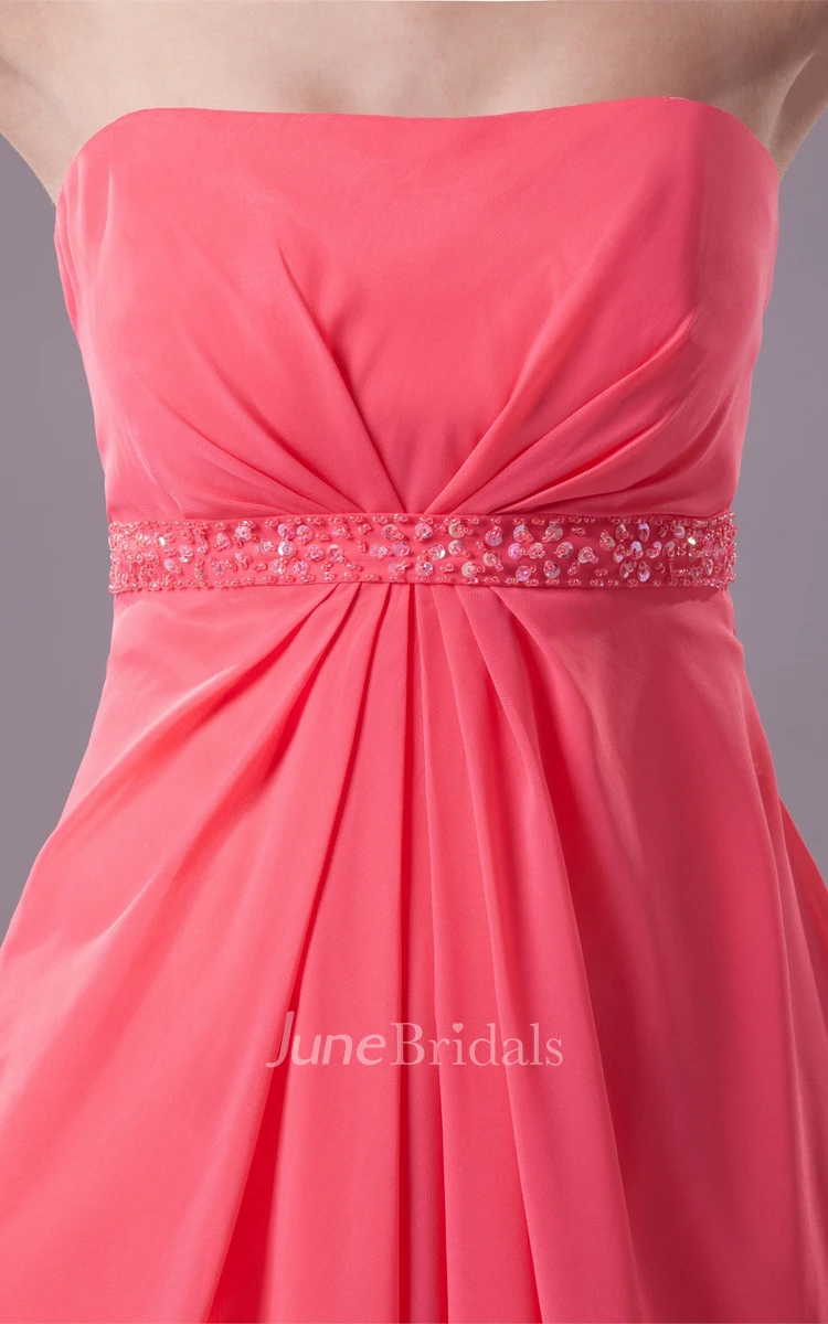 Strapless Central-Ruched Chiffon Maxi Dress with Beading and Empire Waist