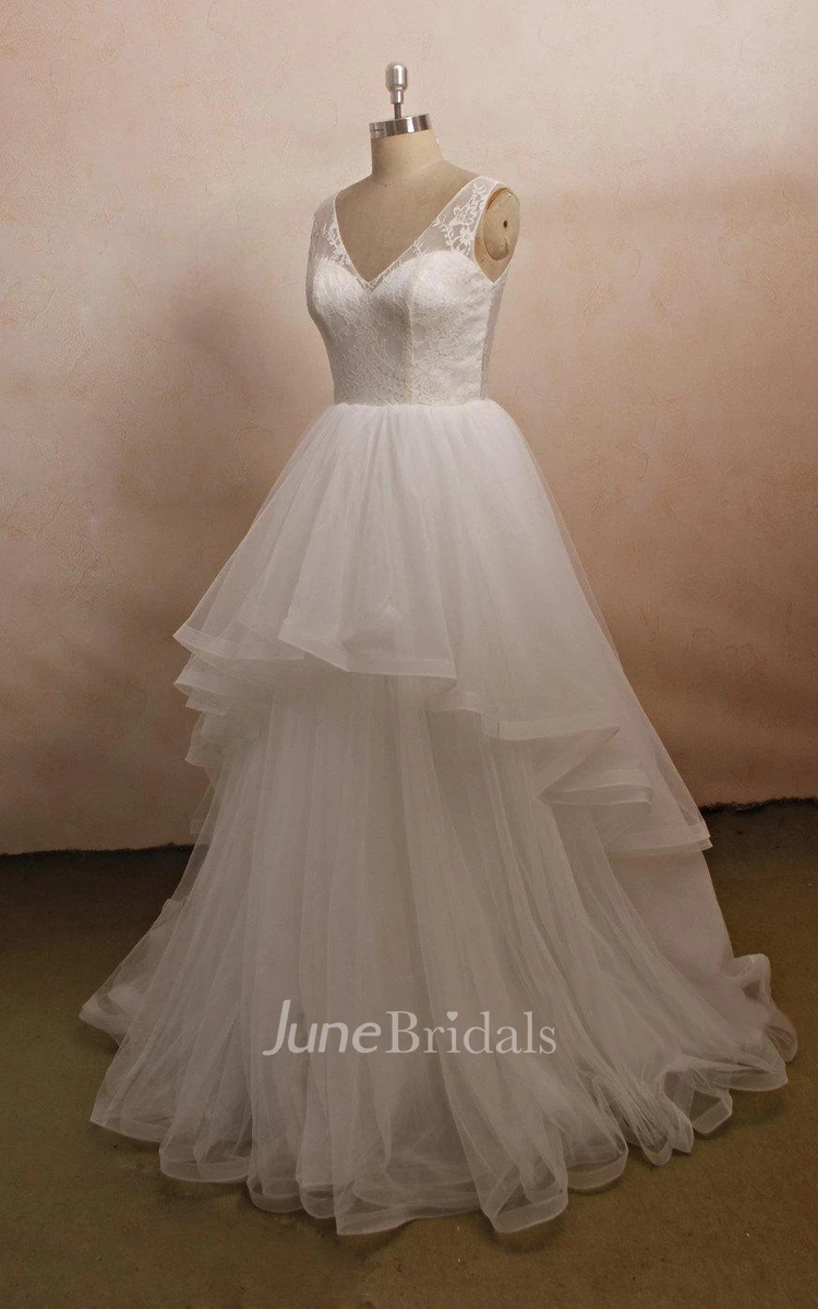 V-neck Sleeveless A-line Tulle Wedding Dress With Ruffles And Tiers