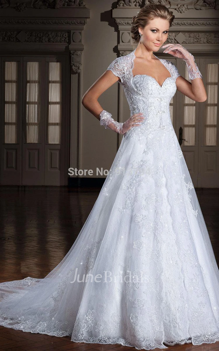 Glamorous Cap Sleeve A-line Wedding Dress Lace Sweep Train