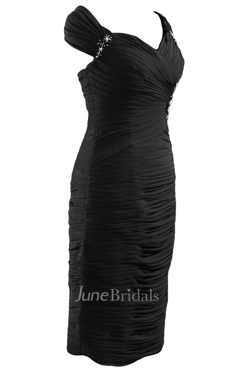 Elegant Ruched Knee Length Chiffon Dress With Beadings