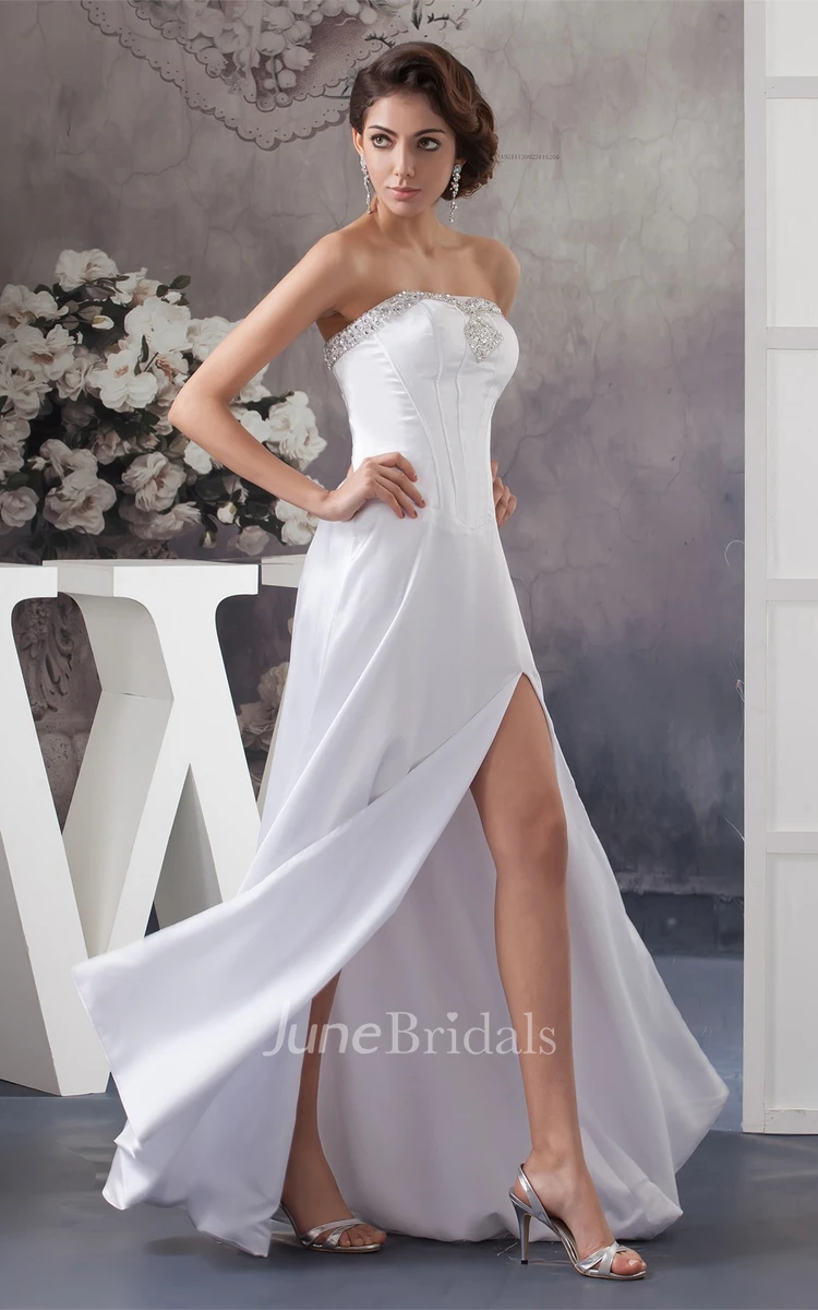 Strapless Front-Split Floor-Length Dress with Jeweled Top