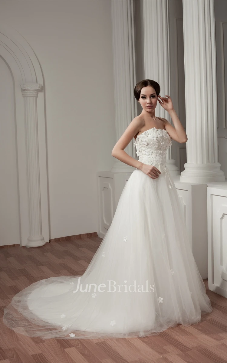 Strapless A-Line Gown with Floral Embellishment and Tulle Overlay