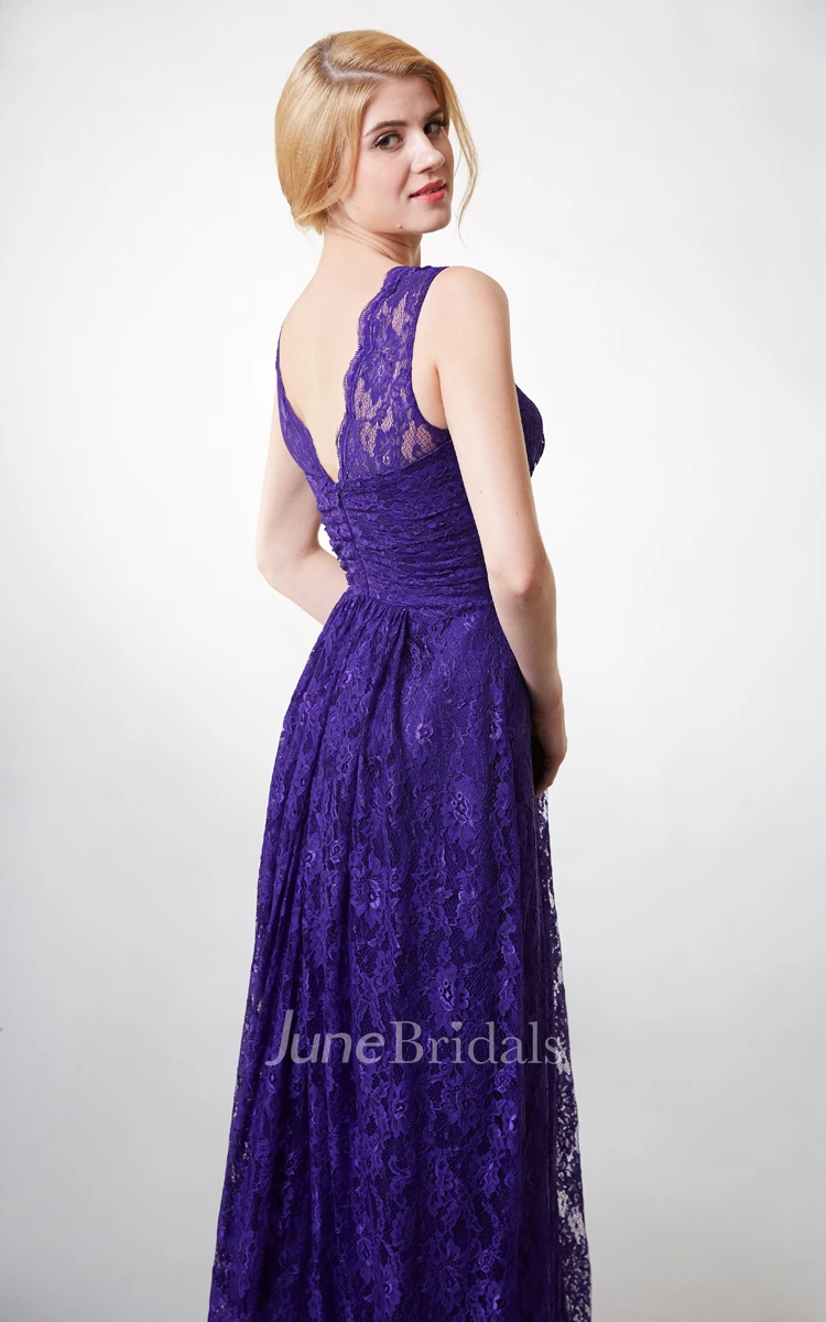 Country Style V-neck Long Lace Bridesmaid Dress