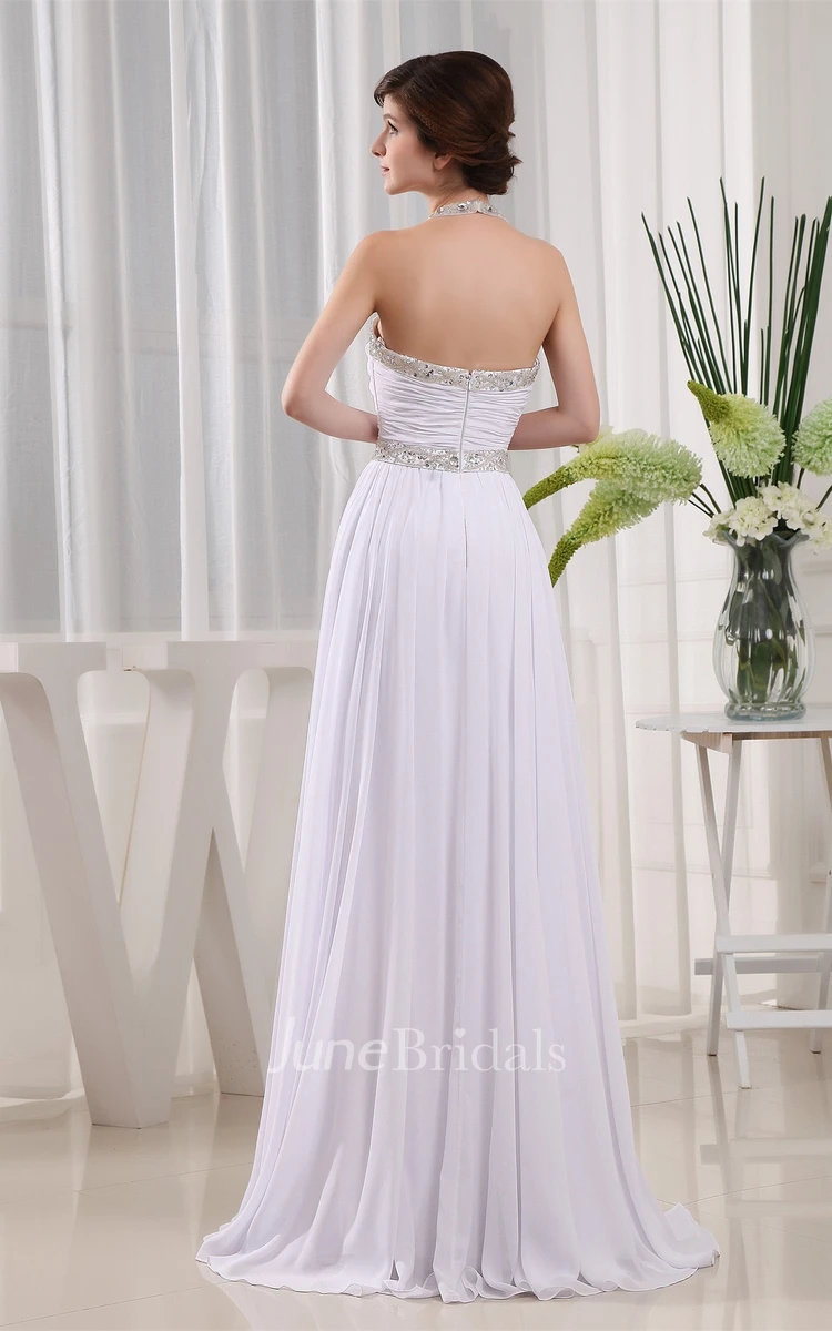 Sleeveless High-Neck Ruched Dress with Pleats and Crystal Detailings