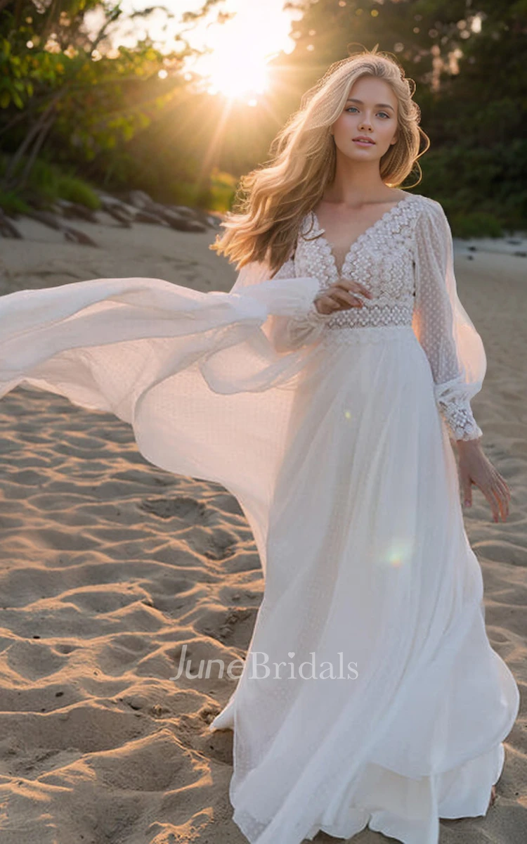 Bohemian Vintage A-Line Floor-length Plunging Neckline Lace Chiffon Wedding Dress Romantic Elegant Beach Puff Long Sleeve V Back Bridal Dress