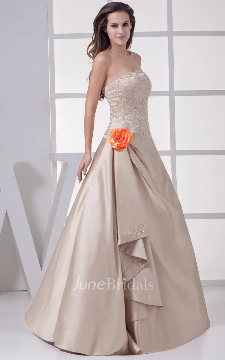Strapless Side Draping A-Line Bodice Gown with Flower and Beading Embellishment