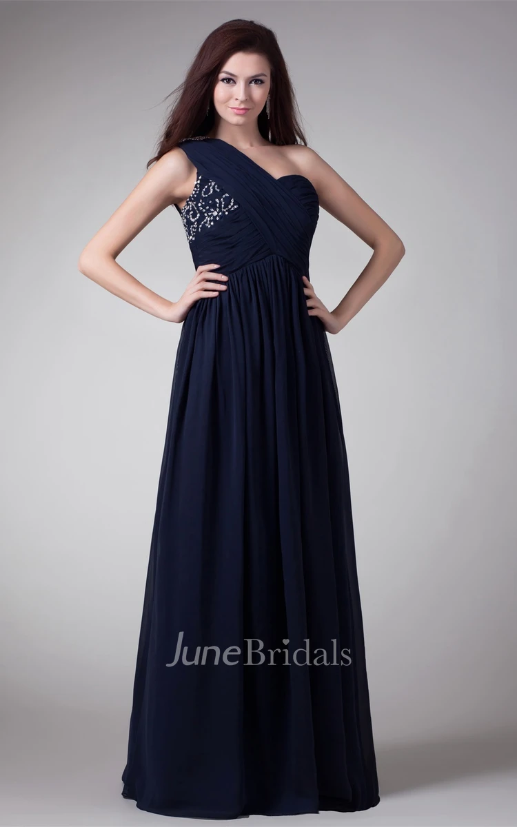 Chiffon One-Shoulder A-Line Maxi Dress with Crystal Detailing