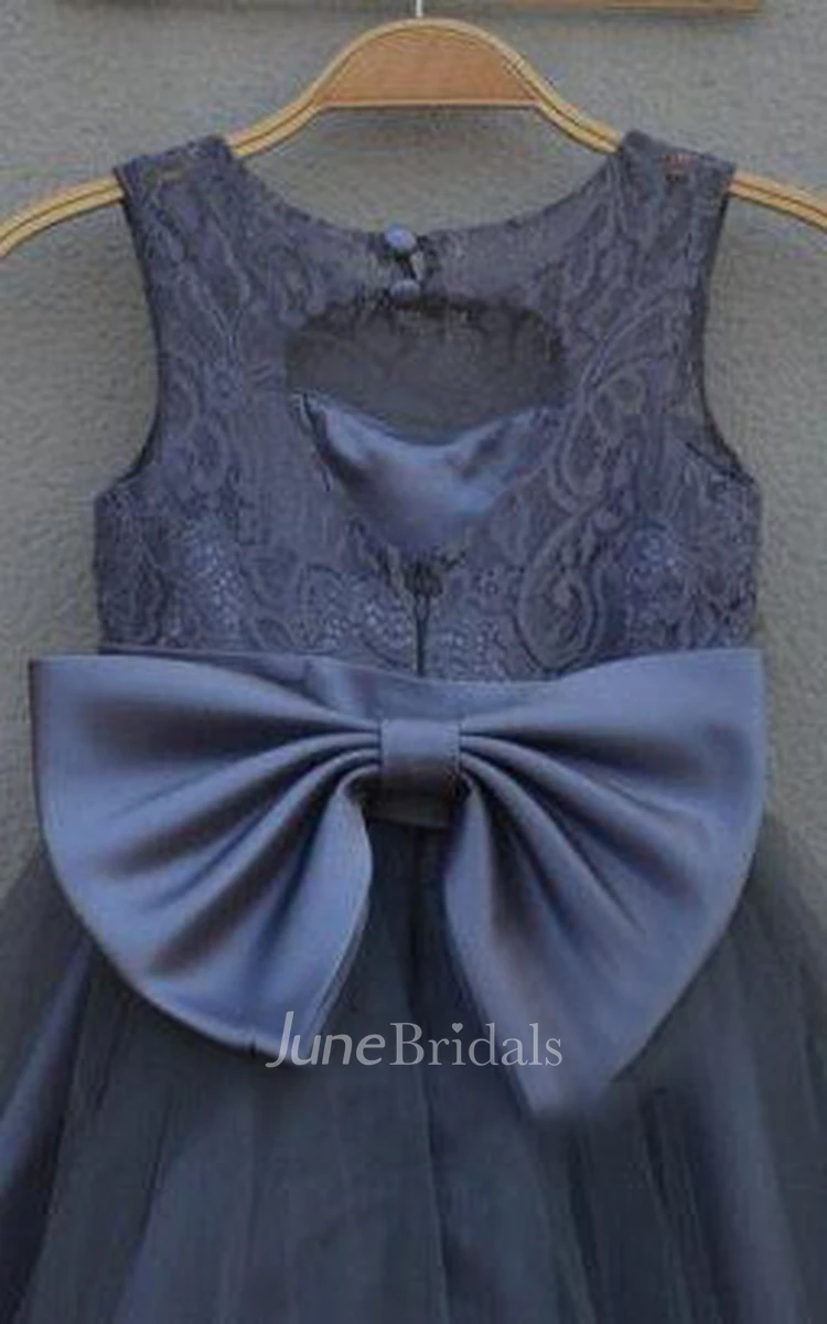 Lace Bodice Tulle Dress With Satin Bow Belt