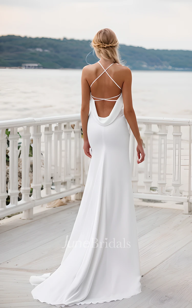 Simple Sexy Sheath Halter Neck Solid Wedding Dress Beach Floor-length Sleeveless Open Cross Straps Cowl Back Bridal Gown with Sweep Train