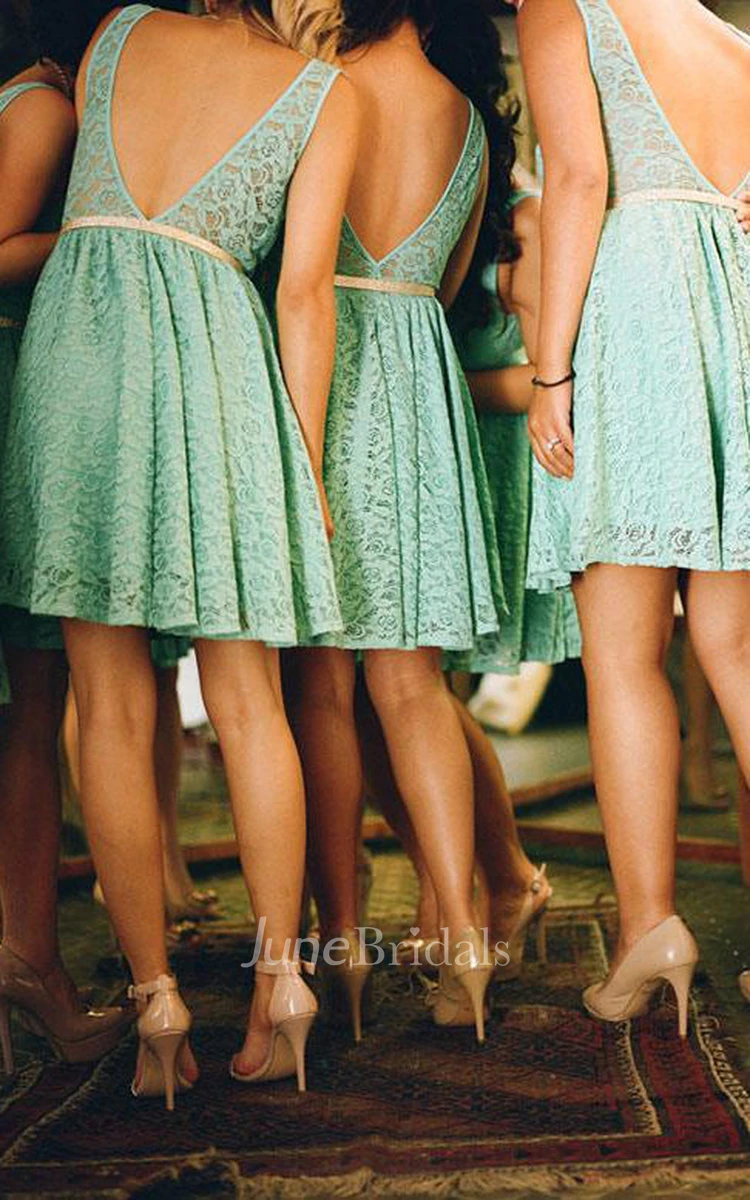 A-line Mini Sleeveless Lace Dress with Deep V-back