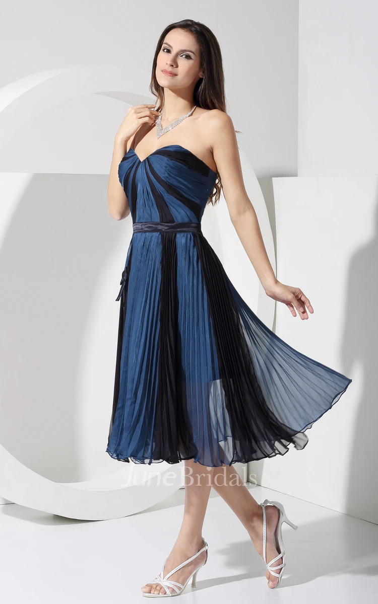 Strapless Chiffon Tea-Length Dress With Pleats