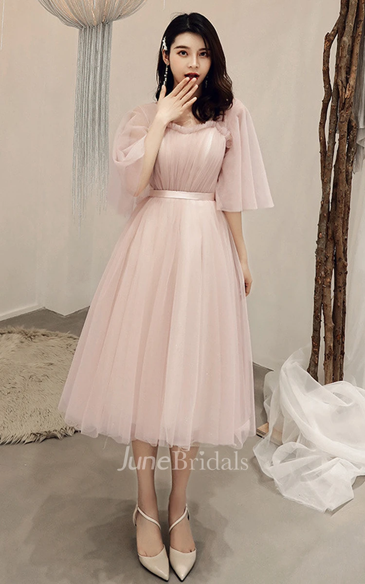 Simple Tulle Off-the-shoulder V-neck A Line Formal Cocktail Dress With Ruffles